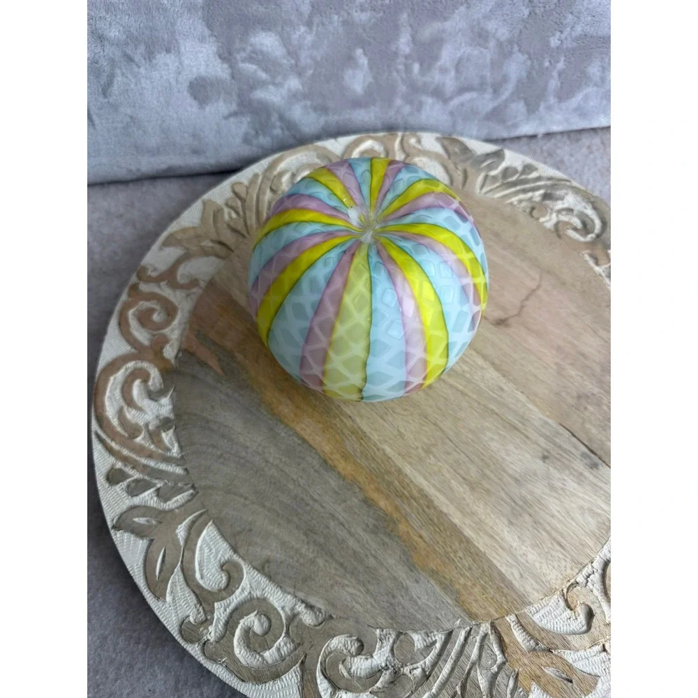 Art Glass Rose Bowl Striped Pastel‎ Yellow Pink Blue Satin Diamond Optic 4.5in